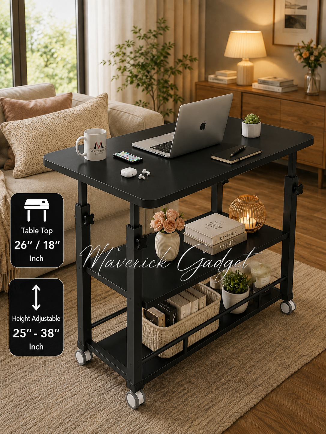 Triple Layer Height Adjustable Table Black
