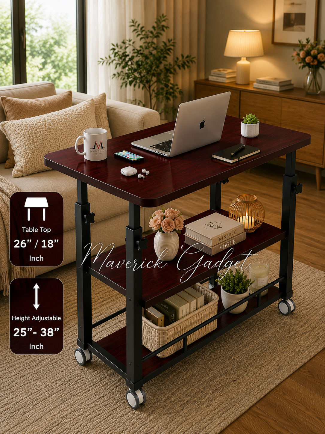 Triple Layer Height Adjustable Table Brown