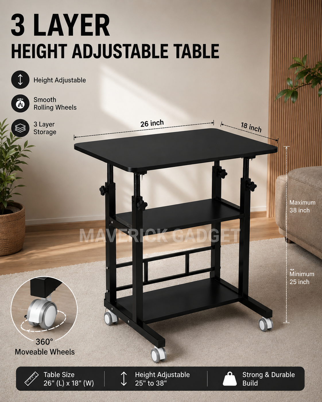 Triple Layer Height Adjustable Table Black
