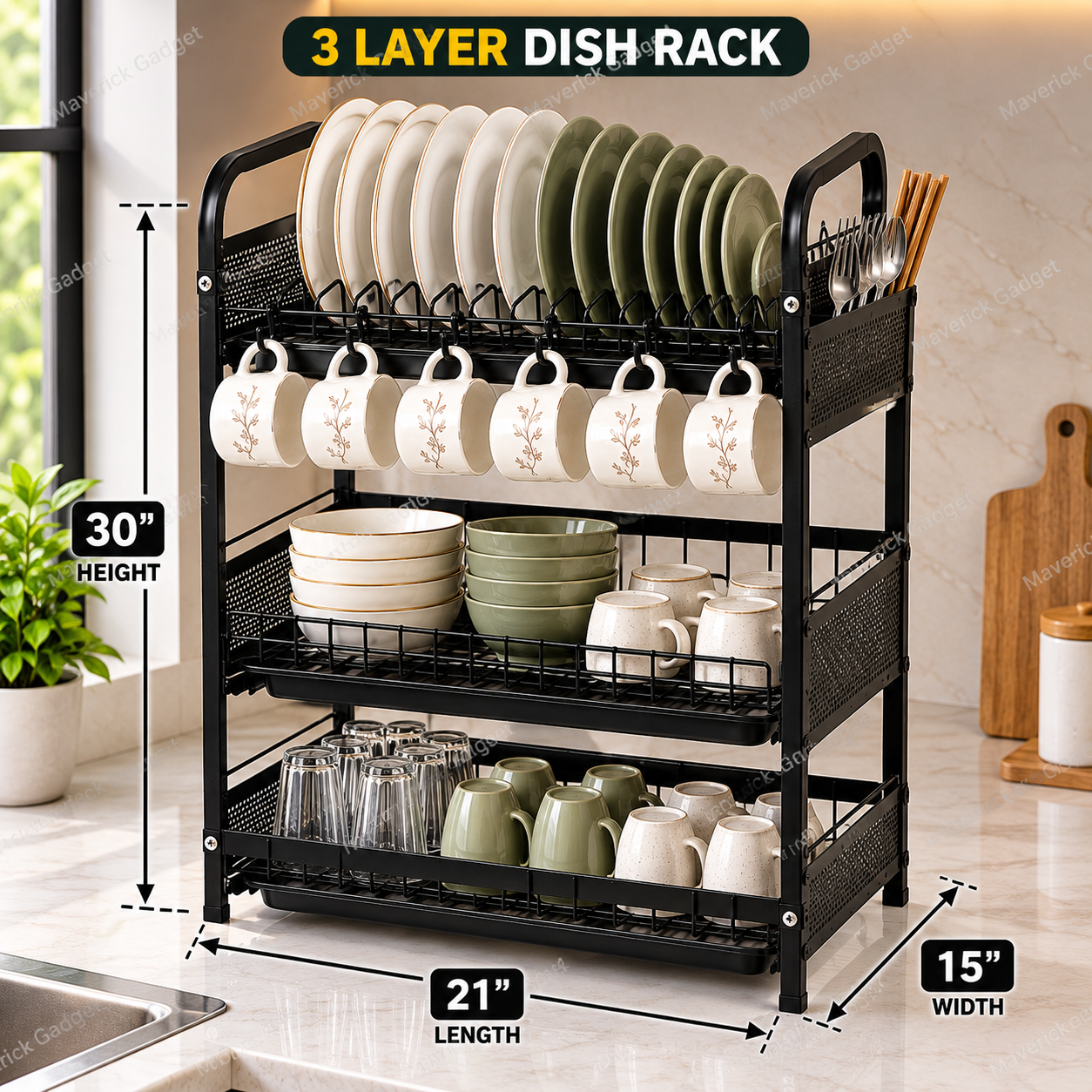 3 Layer Iron Drain Dish Rack