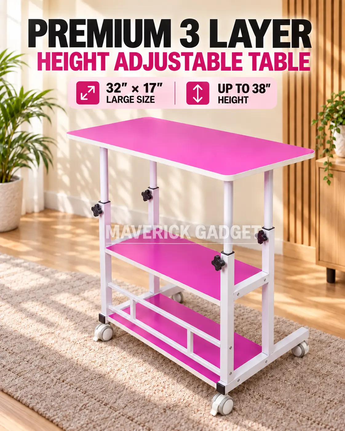 Height Adjustable Computer & Study Table with Storage Shelves – 32×17 Inch hot pink