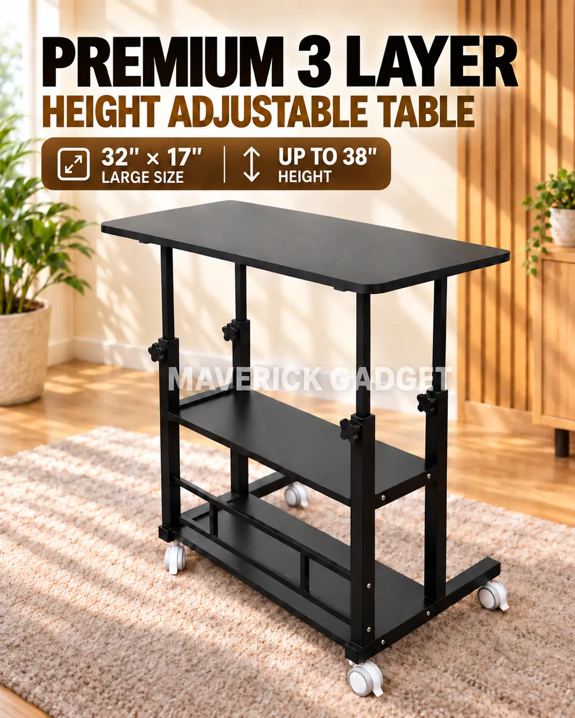 Height Adjustable Computer & Study Table with Storage Shelves – 32×17 Inch black