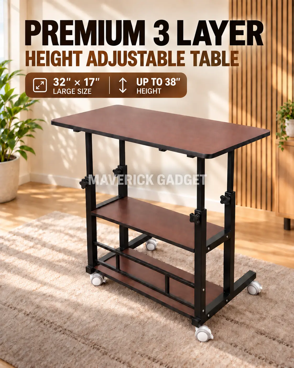 Height Adjustable Computer & Study Table with Storage Shelves – 32×17 Inch brown